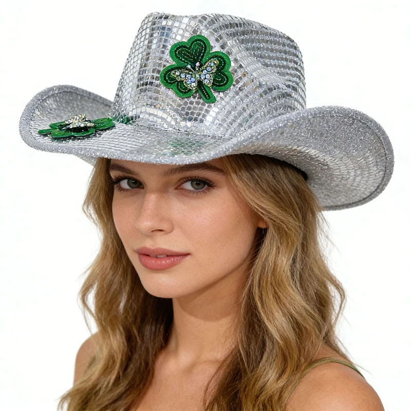 

Trendy St. Patrick's Day Cowgirl Hat Green Clover Irish Festival Party Headwear Silver Sequin Cowboy Hat Party Costume Accessory