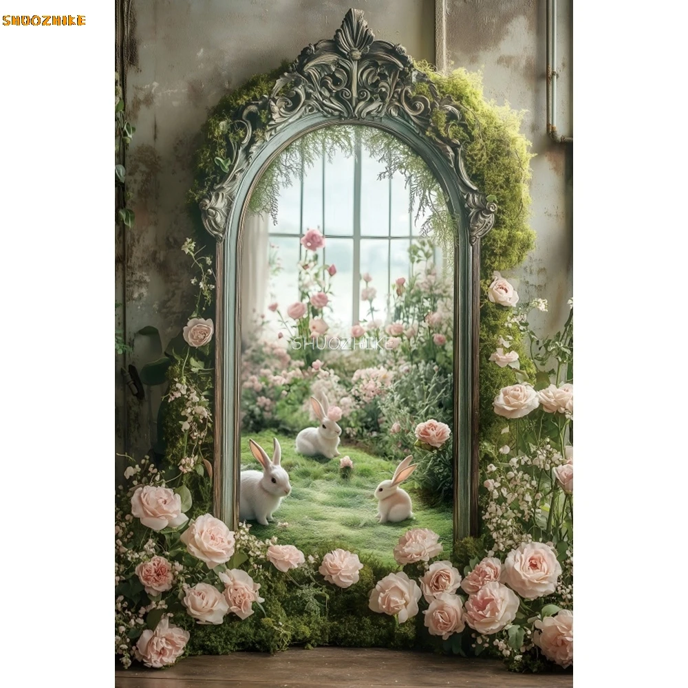 Sfondo fotografico di Pasqua primaverile Fiori Prateria Conigli Ritratto di bambini Decorazioni per feste di compleanno Sfondo per servizio fotografico Photobooth