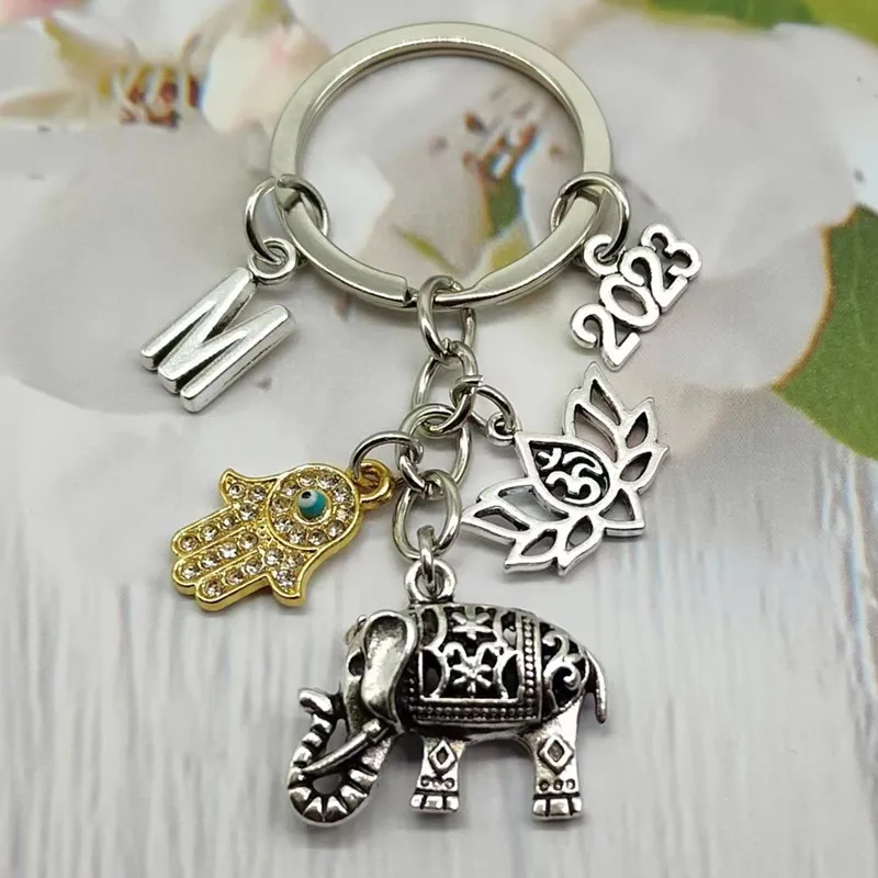 A-Z Letter Fashion Women Tribal Nation Unique Bohemian Style Gift Keychain Lotus Jewelry Elephant Handmade Car Keychain