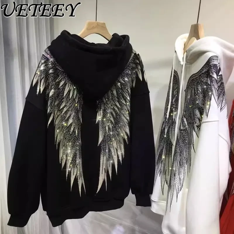 

Autumn Winter New Heavy Embroidery Hot Drilling Hooded Long Sleeve Fleece Padded Sweatshirt Women's Casual Loose Zip Coat