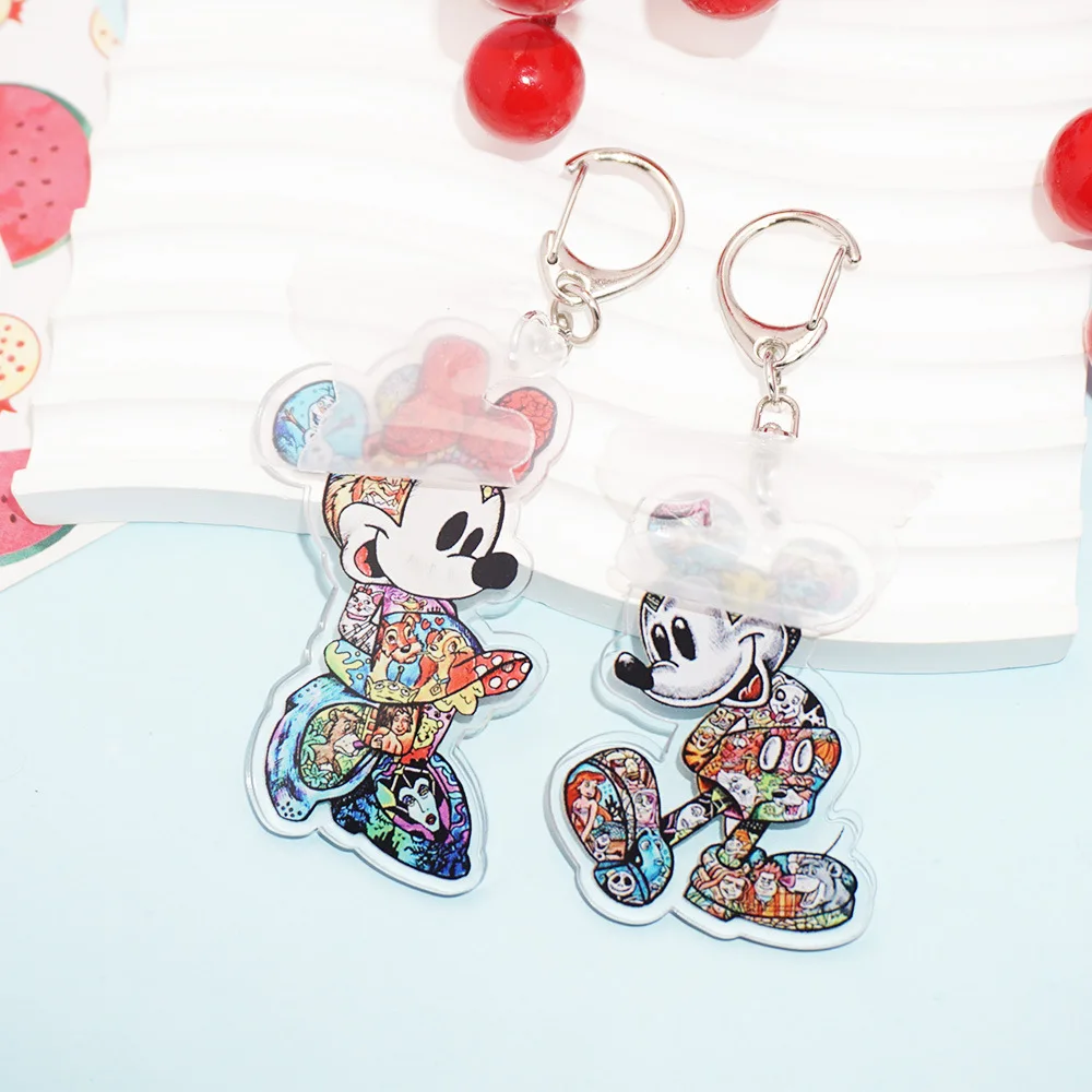 MINISO名創優品漫画ミッキーミニーキーホルダーかわいいカップルミッキーマウス竹馬アクリルキーホルダーペンダント