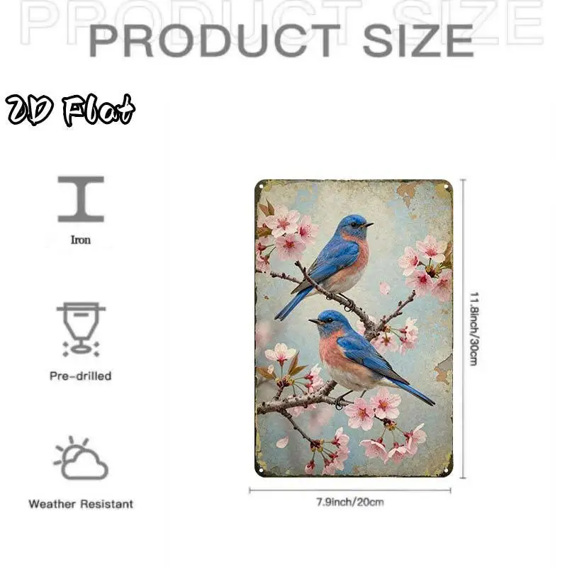 2D Flat - 2D-Flat, 1pc Bluebirds on Cherry Blossom Branch Art Print, Creative Tin Sign Garage Decoration, Bold Lettering, High-Q