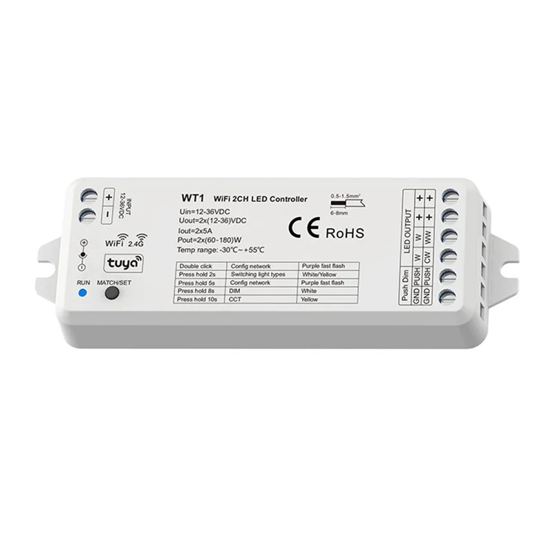 ELECT-TUYA 2.4G Wifi Dimmer Controller Kit For 2CH LED Strips- WT1 12V 24V 36V CCT Smart Dimming Remote Control Module