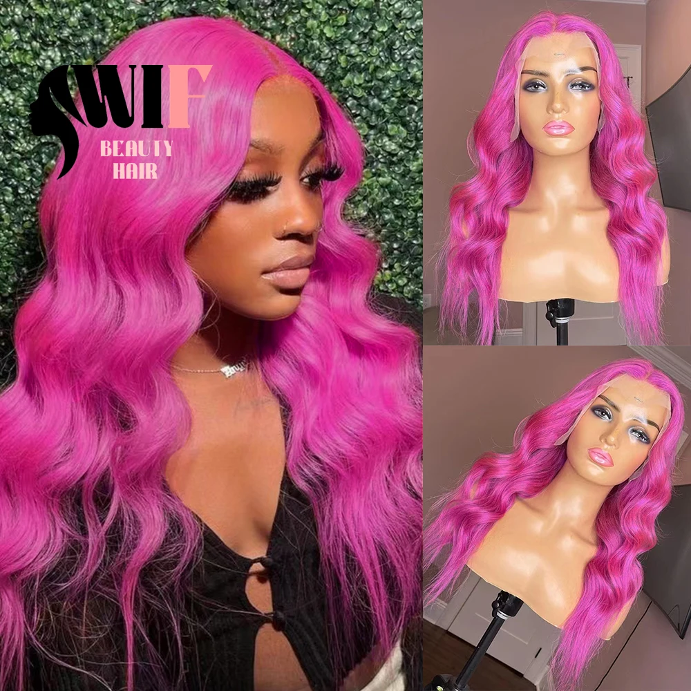 WIF Body Wave Dark Pink Long Hair Synthetic Wig Natural Hairline Water Wavy Lace Front Wigs Women Cosplay Daily Use