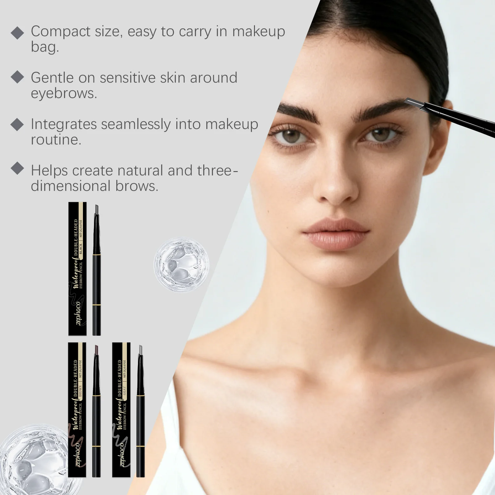 Lápiz de cejas 2 en 1, lápiz de cejas de doble cabeza de larga duración, 3 colores, maquillaje antimanchas resistente al agua para cosméticos de mujer