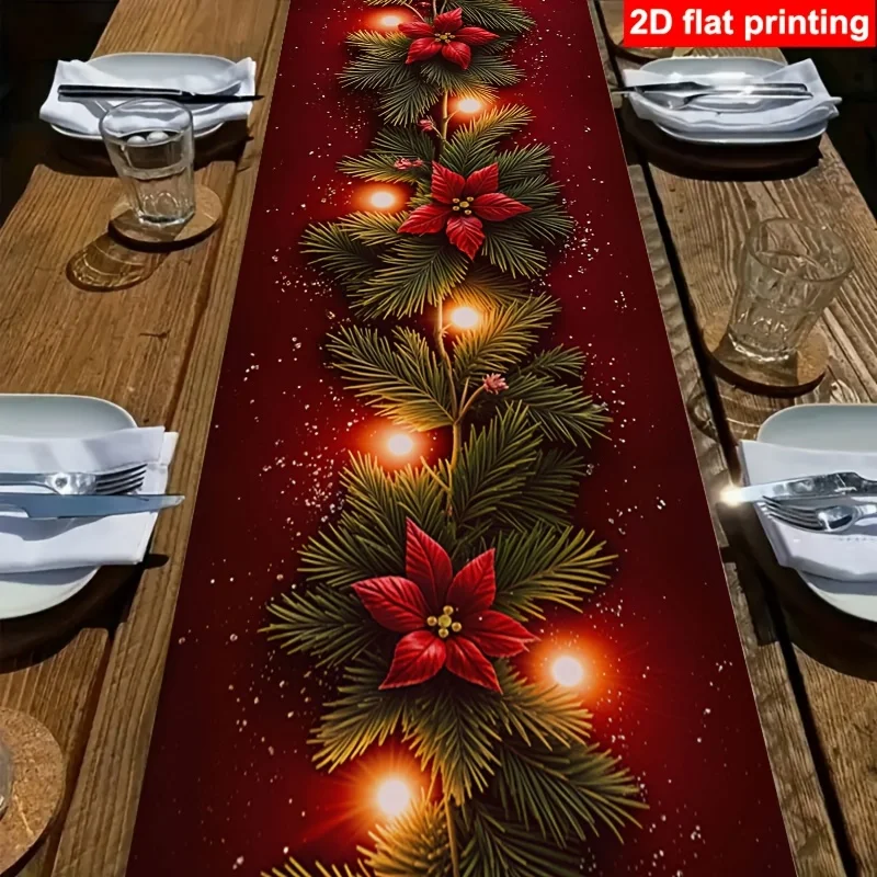 Dark Red Christmas Table Runner, Pine Needle Floral Print, Farmhouse Table Runner for Indoor Xmas Banquet, Home Decor