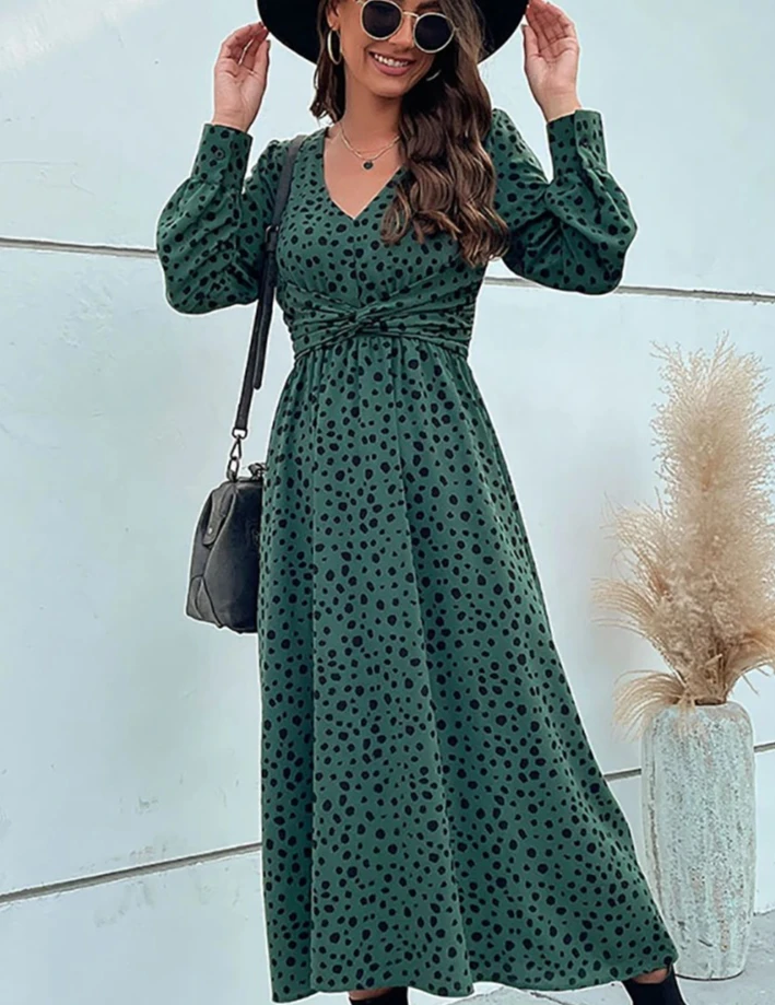 Fashion Autumn Women's V Neck Green Long Sleeve Leopard Print Dress Ladies High Waist Chic Dresses Vestidos