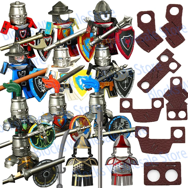Image of Mittelalterliches England Ritter Roter Drache Soldaten Bausteine Kavallerie Militäraktivität Rüstung Schild Speer Axt MOC Bausteine Spielzeug Geschenk