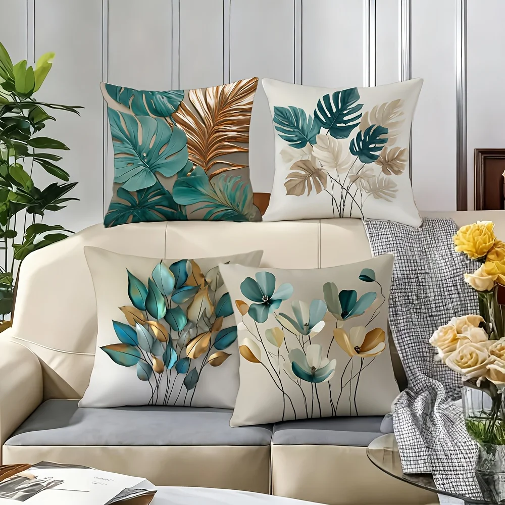 Juegos  fundas  cojín  hojas  plantas tropicales  4 piezas, estampado  Monstera y Palma Areca, diseño floral abstrac
