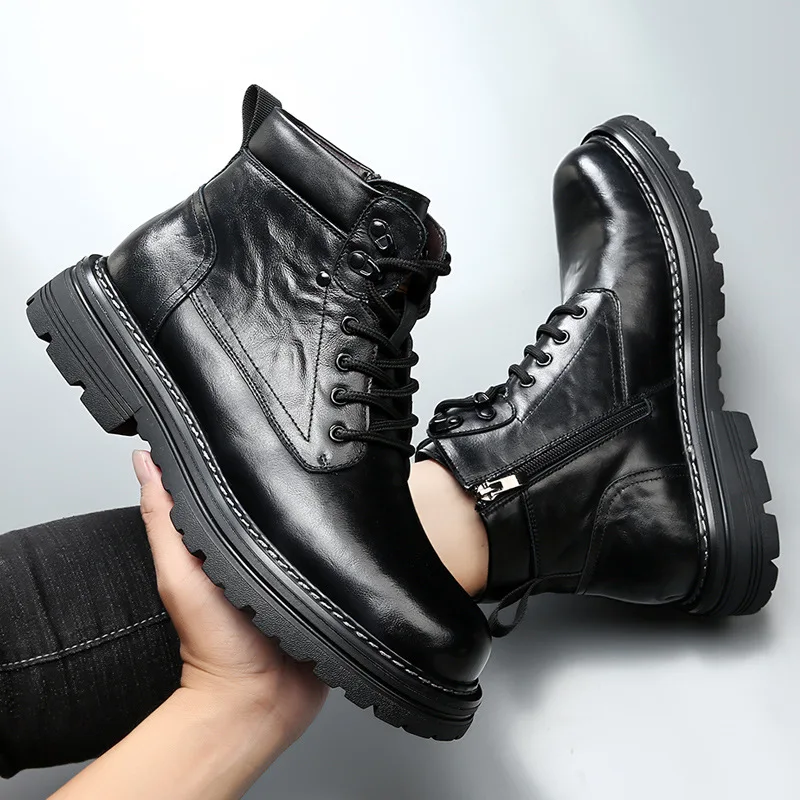 

Men's short boots 2026 winter with plush warm leather boots men's workwear style leather high top men's shoes