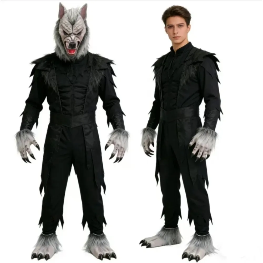 Werewolf Costume Kit Horror Halloween Wolf Mask Werewolf Claws Gloves Terror Role Play Prank Props Dress Up Cosplay Party Suit