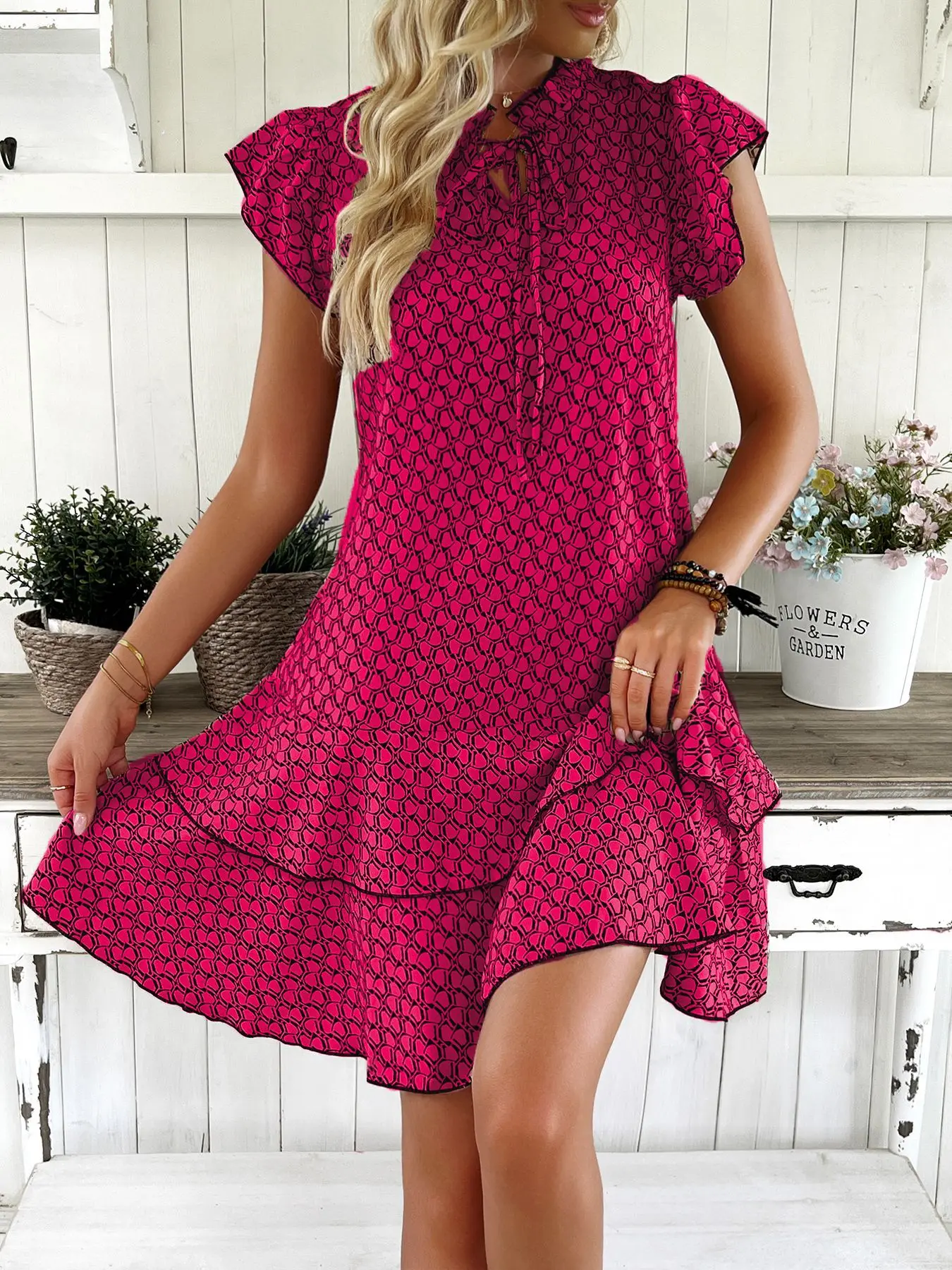 2025 Elegant Women's Casual Loose Ruffle Mini Dress Bohemian Printed V-neck Lace-up Small Flying Sleeve Dresses For Women S-3XL image 6