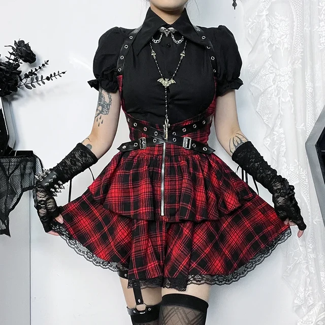 Mall Goth Pleated Overall A Line Dress Women Punk High Waist Adjustable Red Plaid Suspender Skirt Bodycon Overall Dress AliExpress