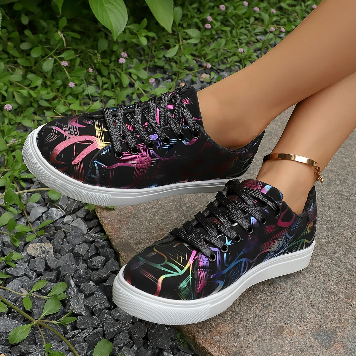

2025 New Fashion Flat Sneakers for Women, Thick-soled, Graffiti Color-blocking Casual Single Shoes Zapatos De Mujer