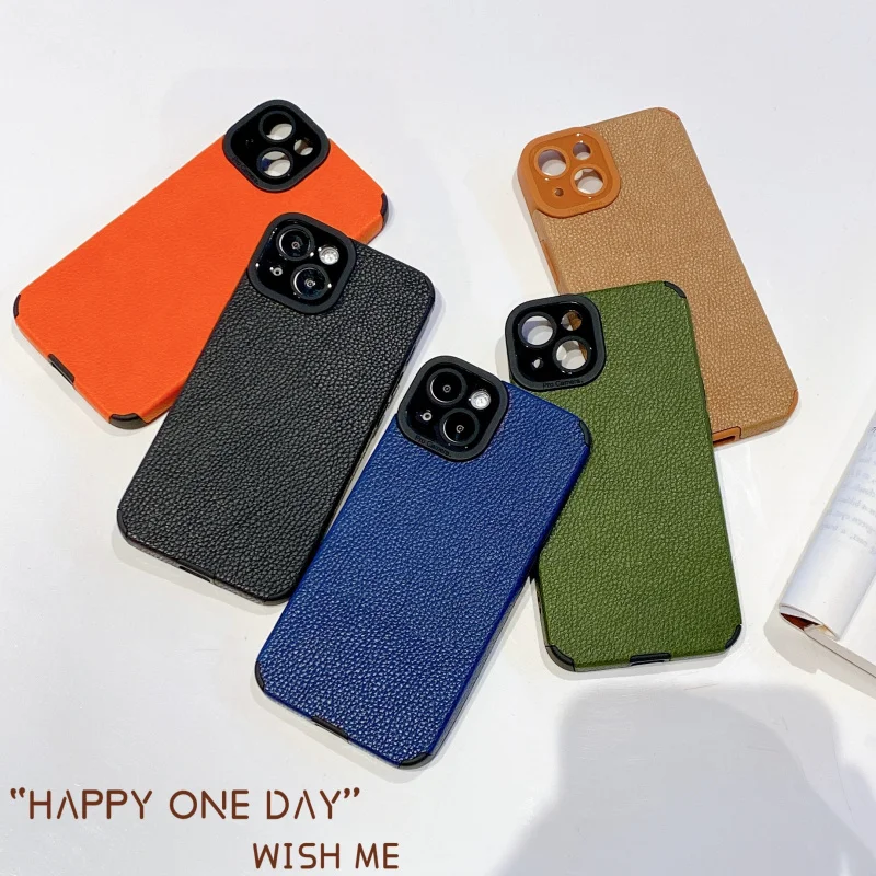 Luxury Leather Texture Blue Black Brown Orange Soft Phone Case For Iphone 11 12 13 14 15 16 Pro MAX X XR XS SE 7 8 Plus Cover