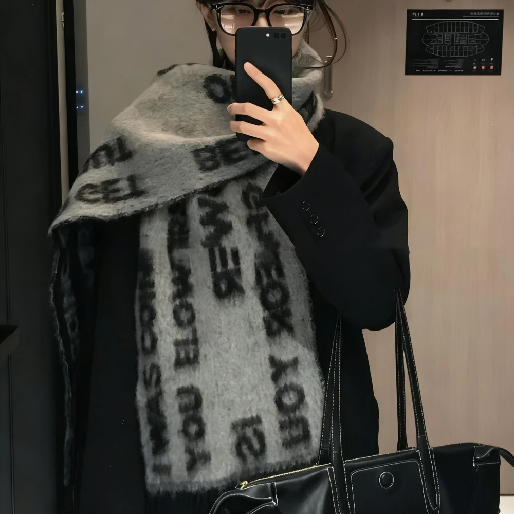 الكورية Ins نمط خطابات تحتوي على الصوف وشاح طويل فاسق الهيب هوب الرجعية وشاح أسود خمر الحياكة المد كول للجنسين وشاح #2