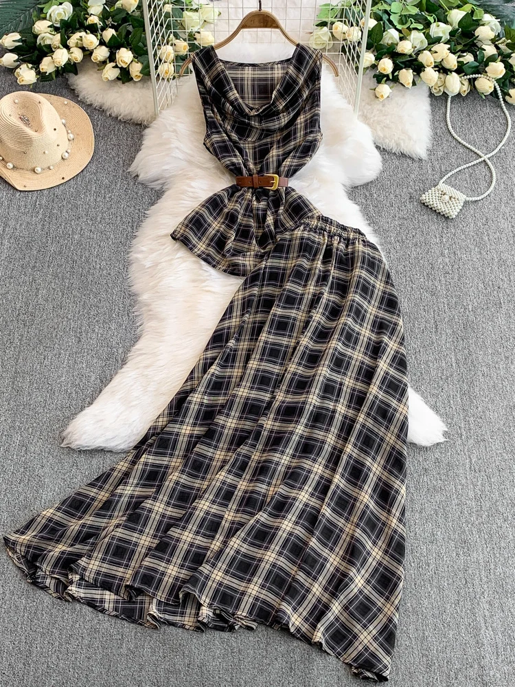 

Ele Svel Sexy Open Ne Waist-Cinching Vest Top Set High Waist Slimming Plaid Midi Skirt Two-Piece Set V-Ne Overhead