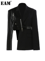 [EAM] Women Black Irregular Pu Leather Blazer New Lapel Long Sleeve Loose Fit Jacket Fashion Tide Spring Autumn 2025 17A7466