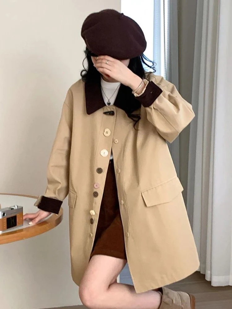 Women Elegant Chic Long Trench Fall Winter Long Sleeve Loose Patchwork Buttons Coat Fashion Casual Turn Down Collar Jacket New