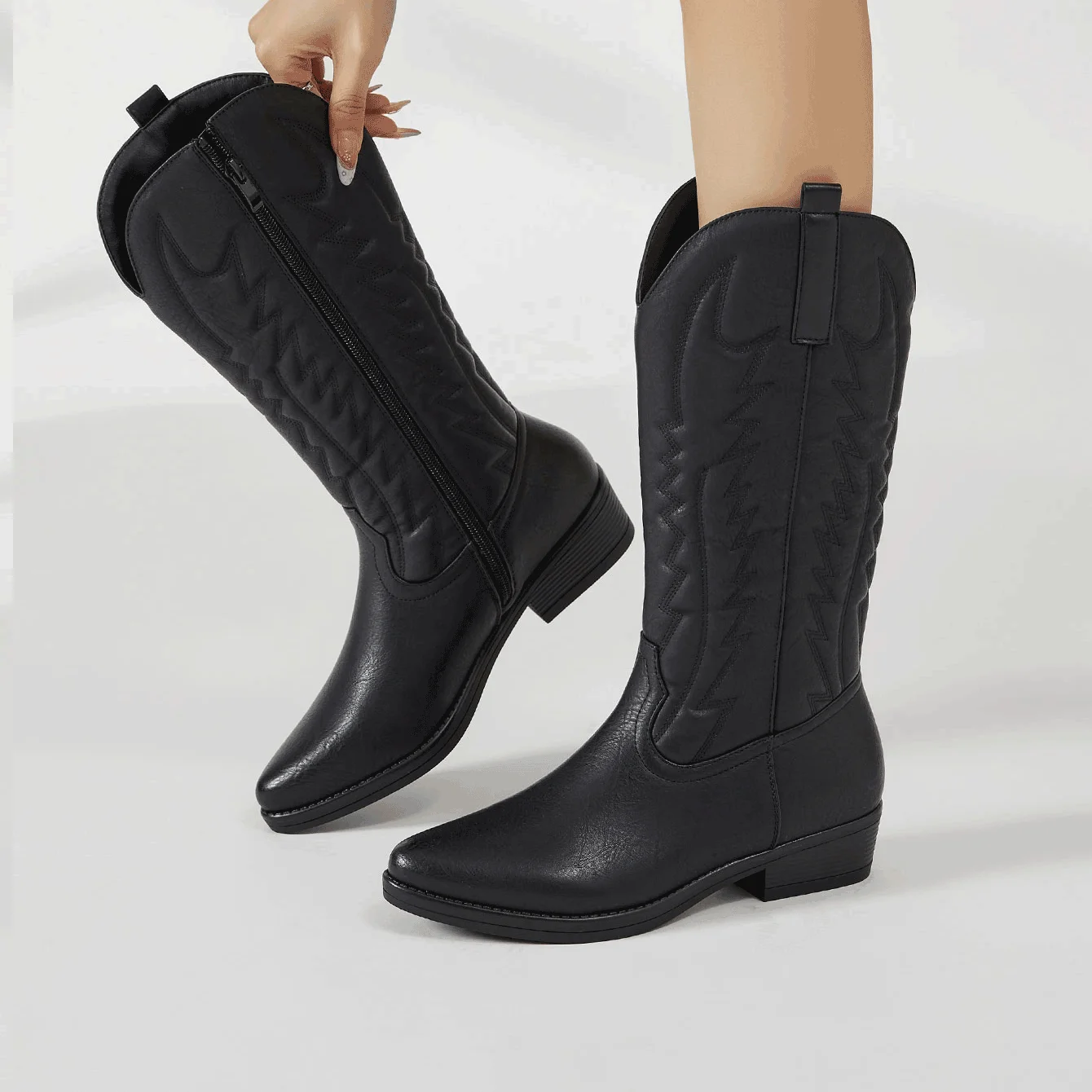 Desai Damen Westernstiefel aus Kunstleder, mittelhohe Cowboy-Stiefel mit Stickerei, seitlichem Reißverschluss, niedrigem Absatz, bequem, Vintage, Herbst/Winter – Detail 3