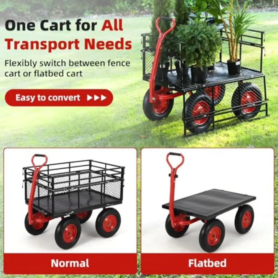 1400Lbs Heavy Duty Steel Garden Cart, Garden Wagon Cart on Wheels, Metal Yard Utility Wagon with Removable Mesh Sides, 2-in-1 1