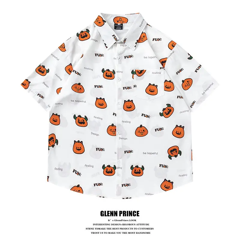 BEIANJI new American retro funny pumpkin full print short-sleeved flower shirt men's summer vacation casual half-sleeved shirt
