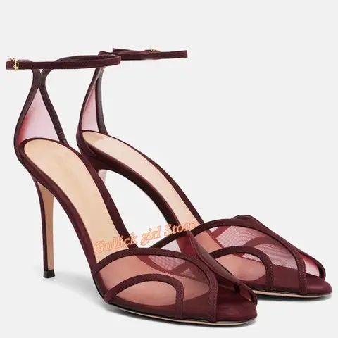 Burgundy Air Mesh Sandals Thin High Heel Ankle Buckle Strap Open Toe Fashion 2025 Summer Women Runway Dress Shoes