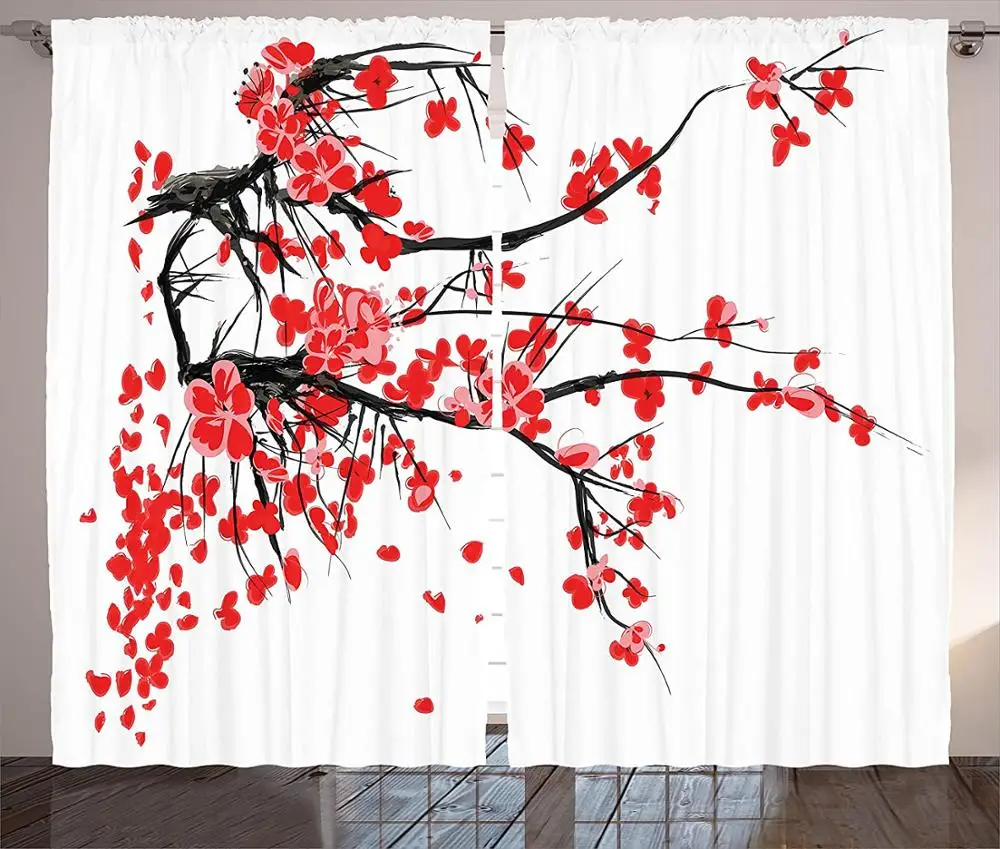 2Pcs Traditional Japanese Style Cherry Printing Window Curtains  for Living Rooms Bedrooms Restaurants Porches and Home Decor