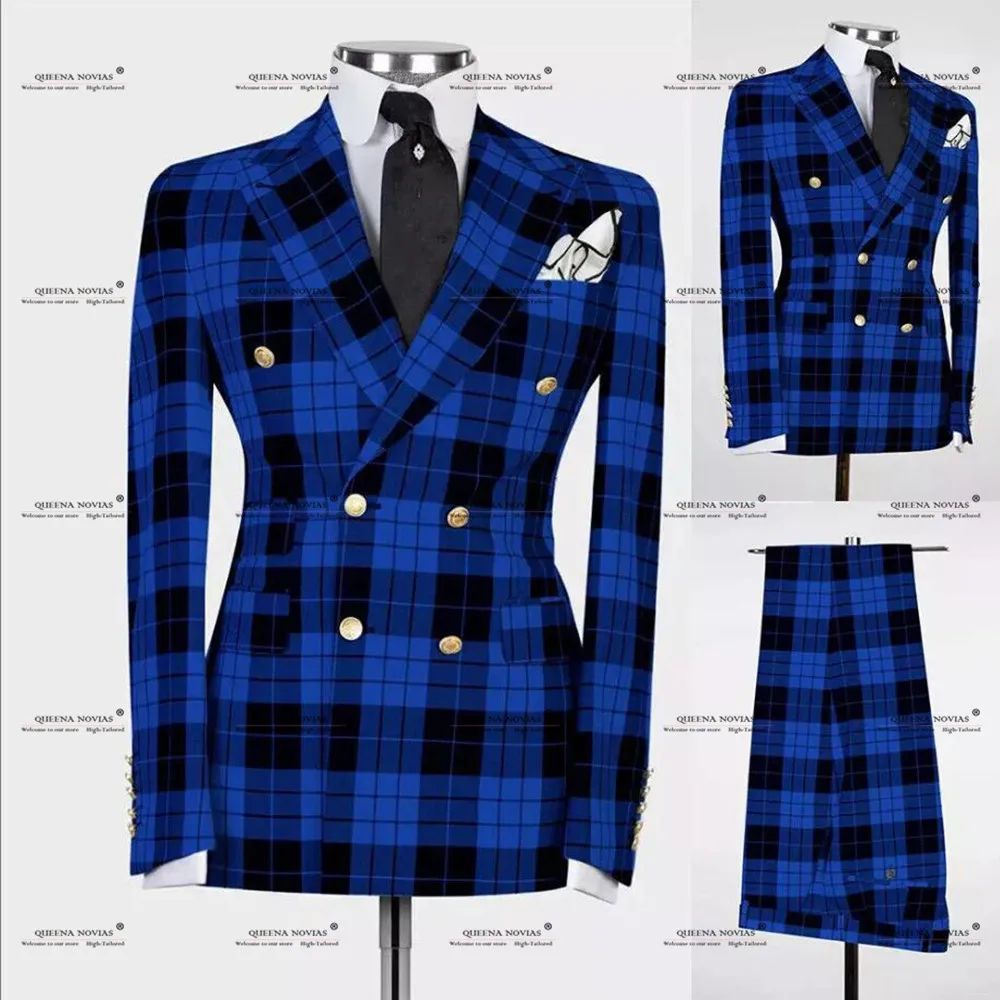 Male Fashion Plaid Men Suits Slim Fit Peaked Lapel Groom Formal Party Tuxedos 3 Pcs Sets Male Blazers Customized Costume Homme