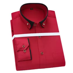 Men's Long Sleeved Shirt With Diamond Buckle Collar Pocket Slim Fit Business Banquet party Christmas Red-Wine Red Top S-3XL-4XL