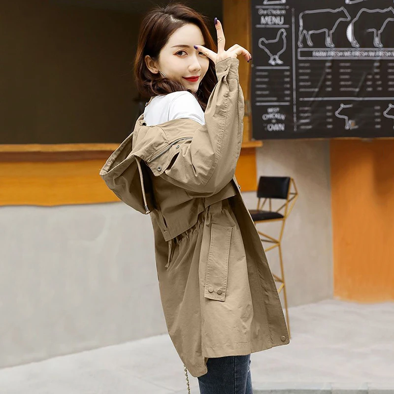 Hooded Trench Coats For Women Adjustable Waist Cargo Jackets Khaki Oversized 3xl Loose Gabardina Spring Fall Korean Windbreaker