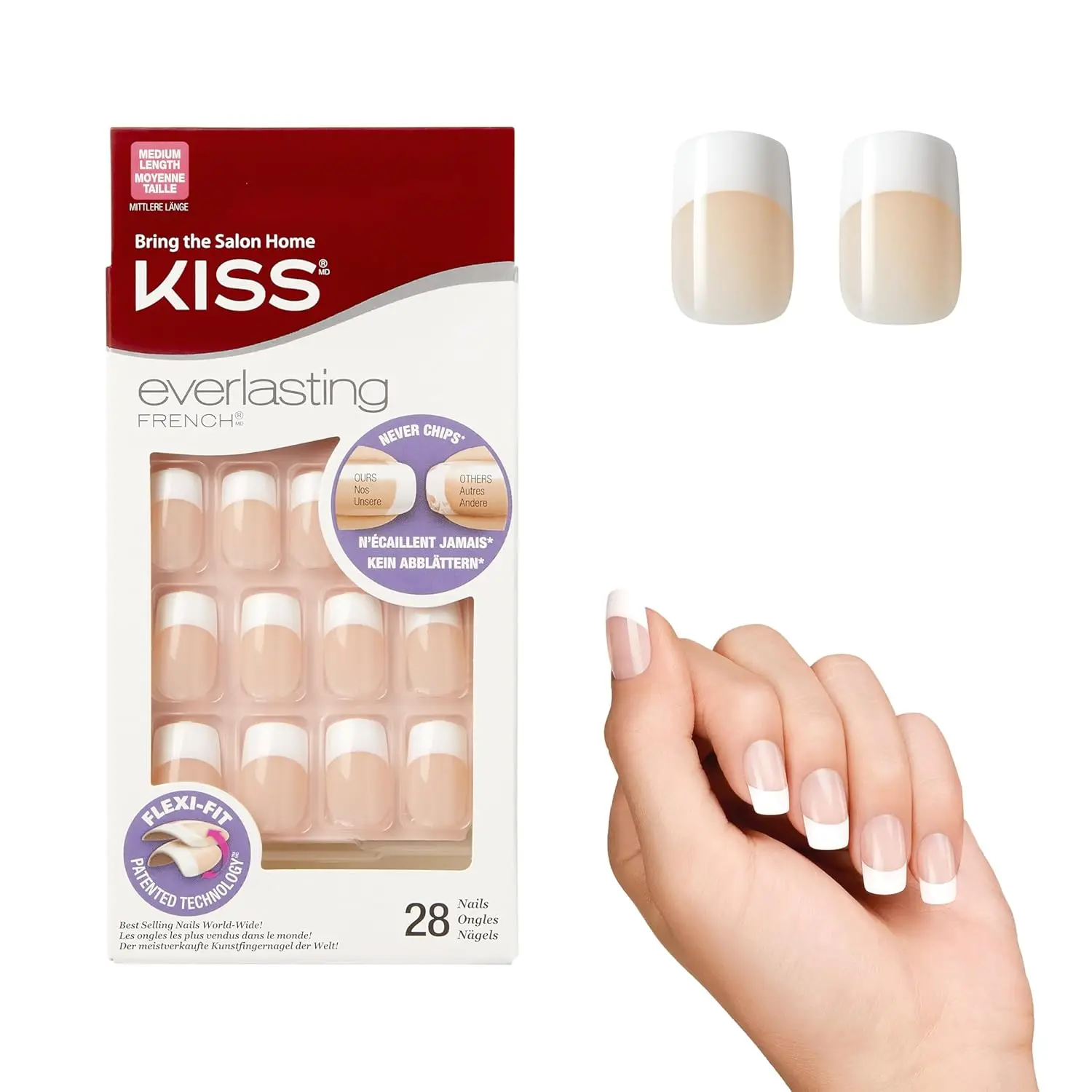 

Everlasting Press-On Nails with Glue, French Design, Medium Squoval Shape, Includes 28 Nails and Tools