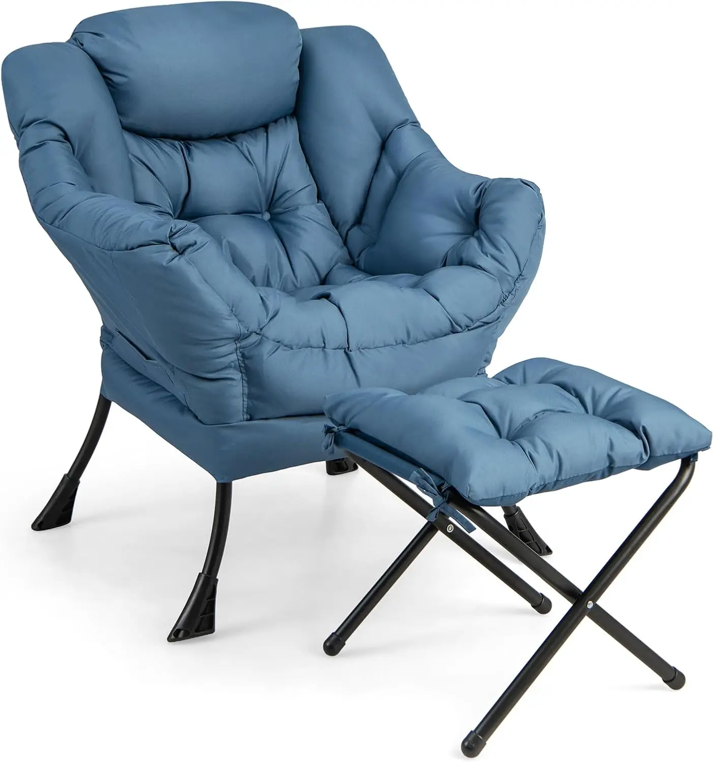 Lazy Chair With Ottoman Accent Sofa Chair Folding Footrest Side Storage Pocket Upholstered Leisure Lounge Armchair Stool Container Unit For Bedroom Living Room Office Blue