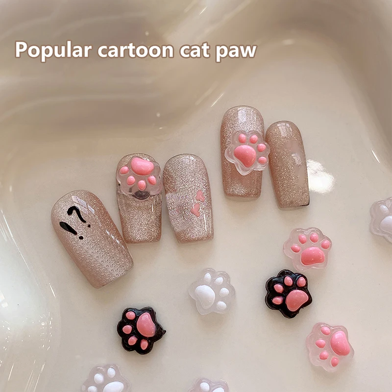 10pcs Cute Cartoon Mini Cat Paw Charms Nail Art Accessories 3D Semi Transparent Flat Bottom Rhinestones Nail Decoration Supplies