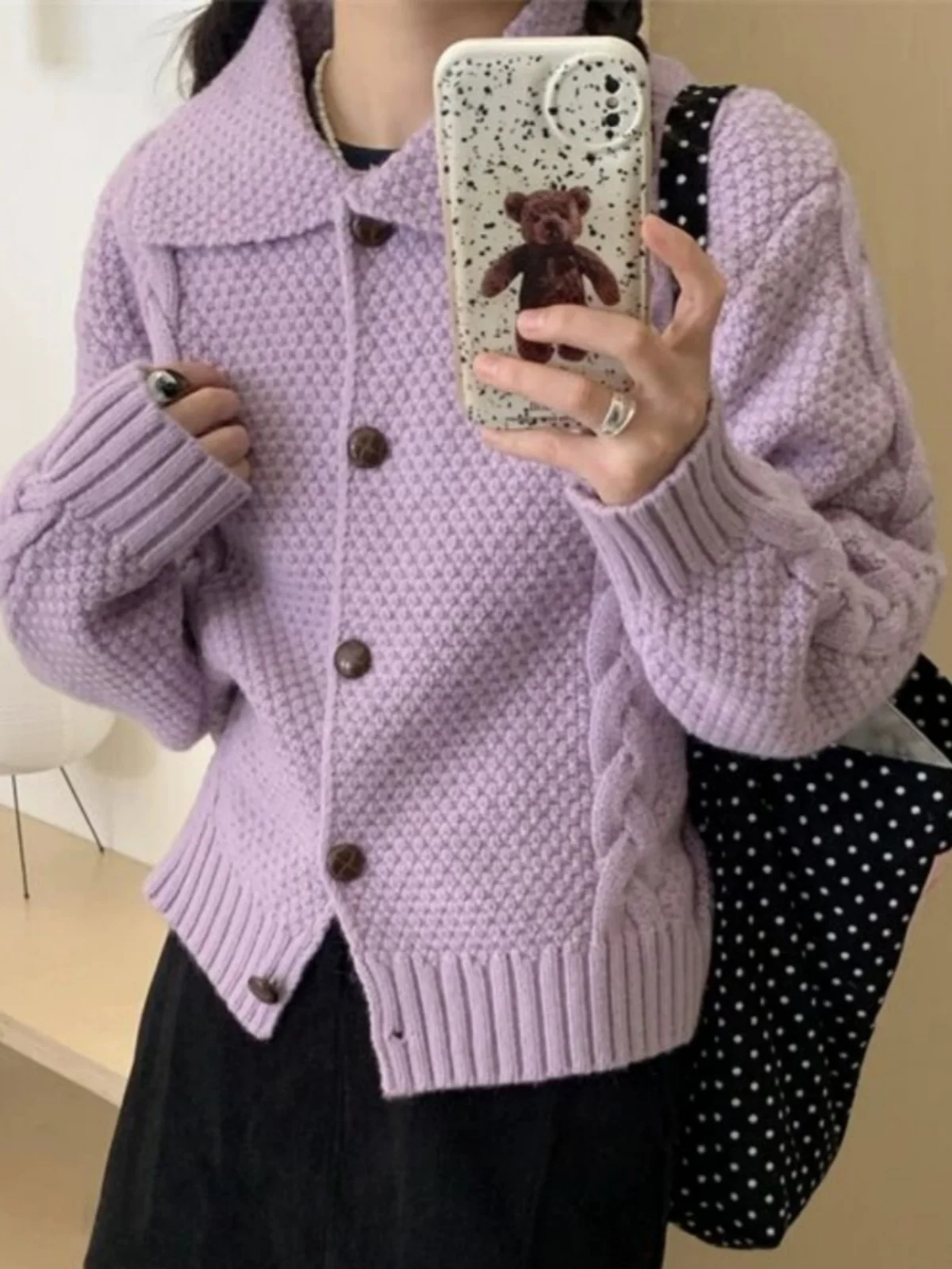 

Soft Purple Knitted Collar Sweater Coat Women's Spring Autumn Art Student High Sensation Straight Tube Long Sve Coat