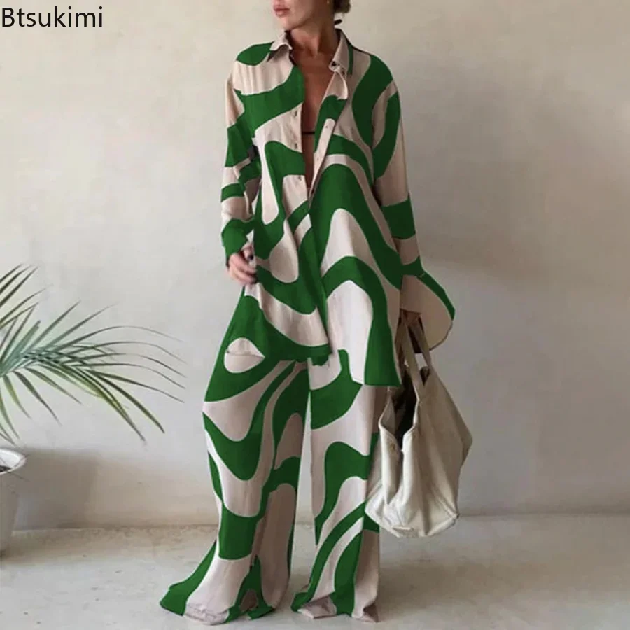 2024 Women's Casual 2 Pieces Pants Sets Fashion Print Long Sleeve Shirts and Straight Leg Pants Sets Two Pieces Female Outfits