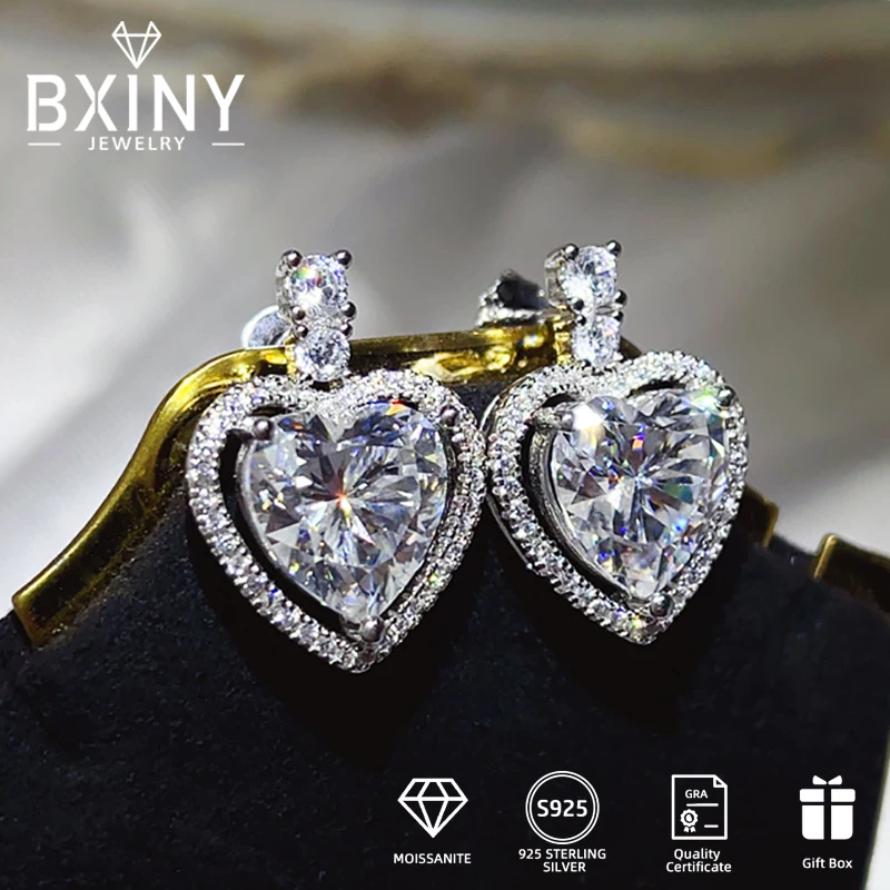 

BXINY 10CT Moissanite Heart Shape Earrings S925 Silver for Women D Color Diamonds Ear Studs Wedding Bride Gifts Jewelry With GRA