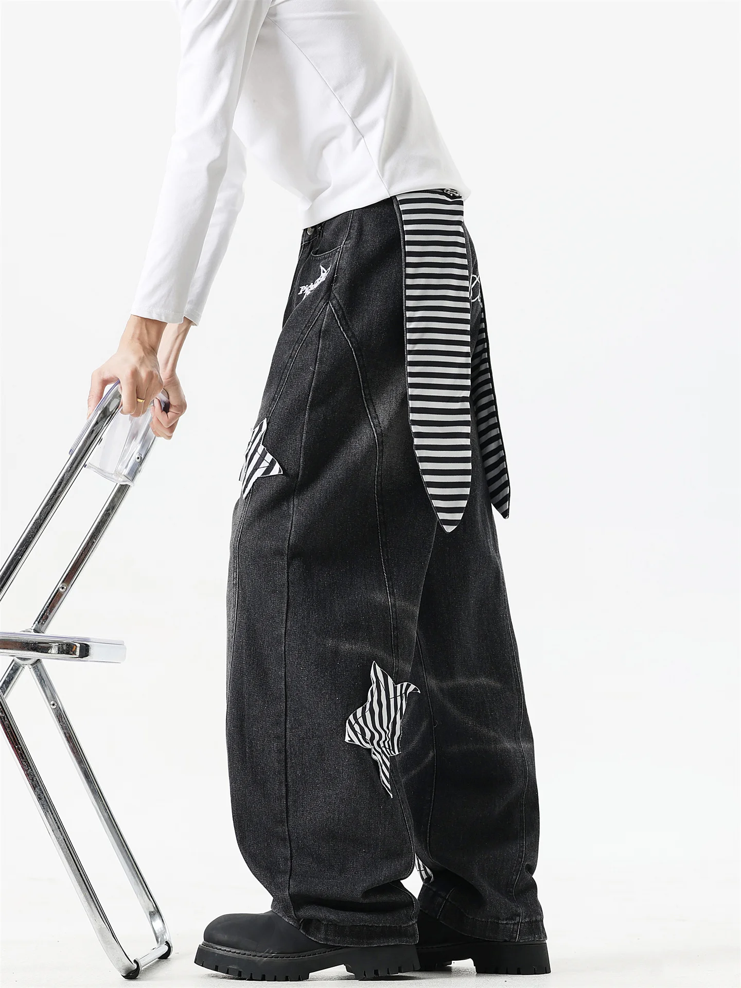 

Bla Embroidered Star Rabbit Ear Jeans Men's High Street Design American Waable Decosition Knife Pants Removable Jeans