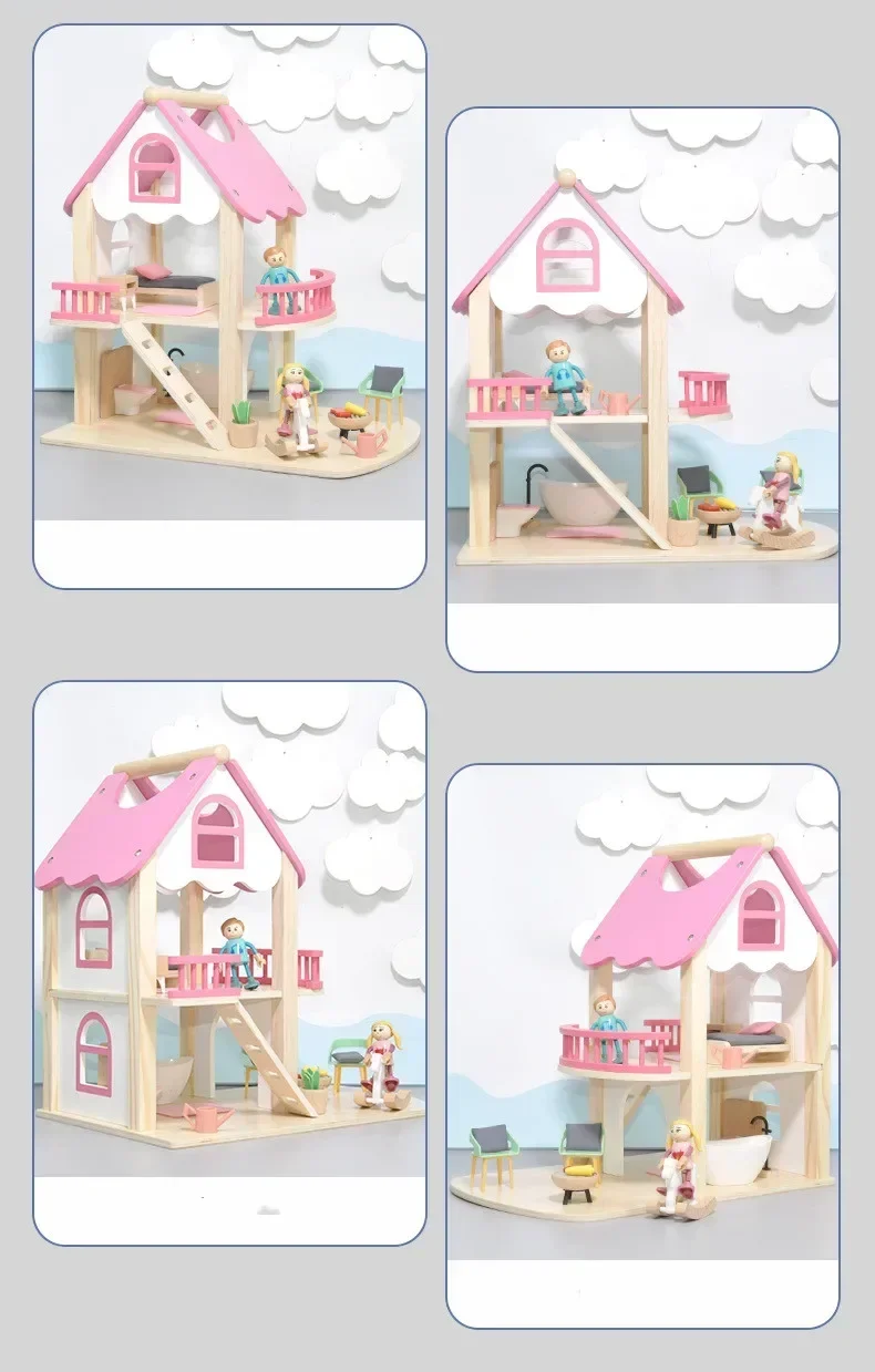 36 cm hochwertiges rosa Villa aus Holz, europäisches Prinzessinnen-Puppenzimmerhaus, Spielhaus, Puzzle, interaktives Spielzeug, Baby-Geburtstagsgeschenk