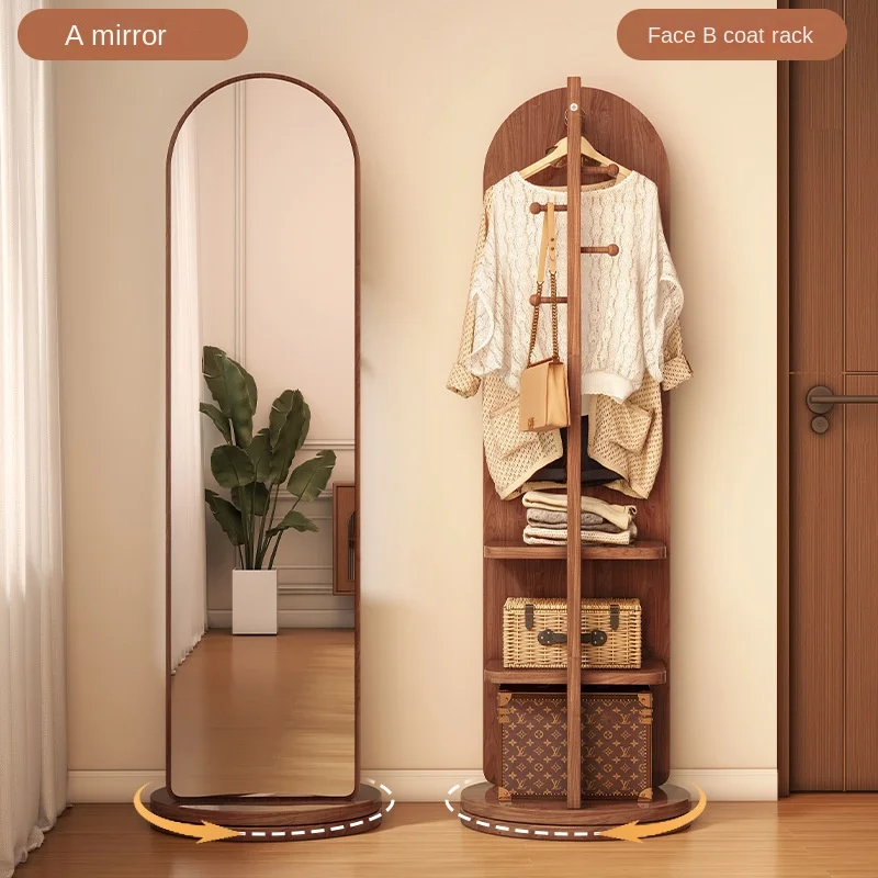 Full-Length Mirror with Coat Rack, Rotating Floor Mirror, Home Bedroom Dressing Mirror, Fitting Mirror, Multi-Function Mirror