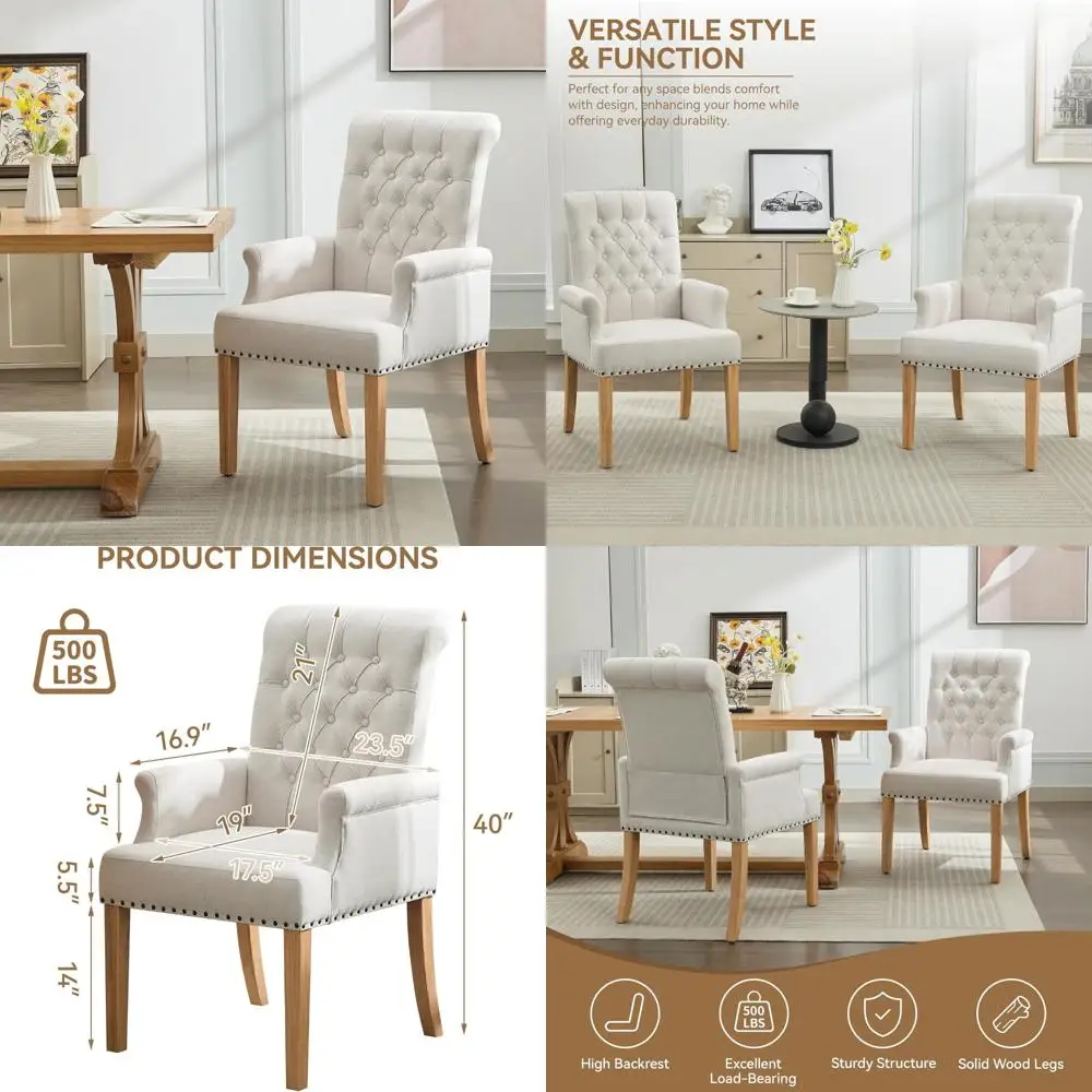 

Fabric Dining Chair with Arms, Upholstered Tufted High Back Dining Room Chairs, Accent Armchair with Solid Wood Leg and Nailhead
