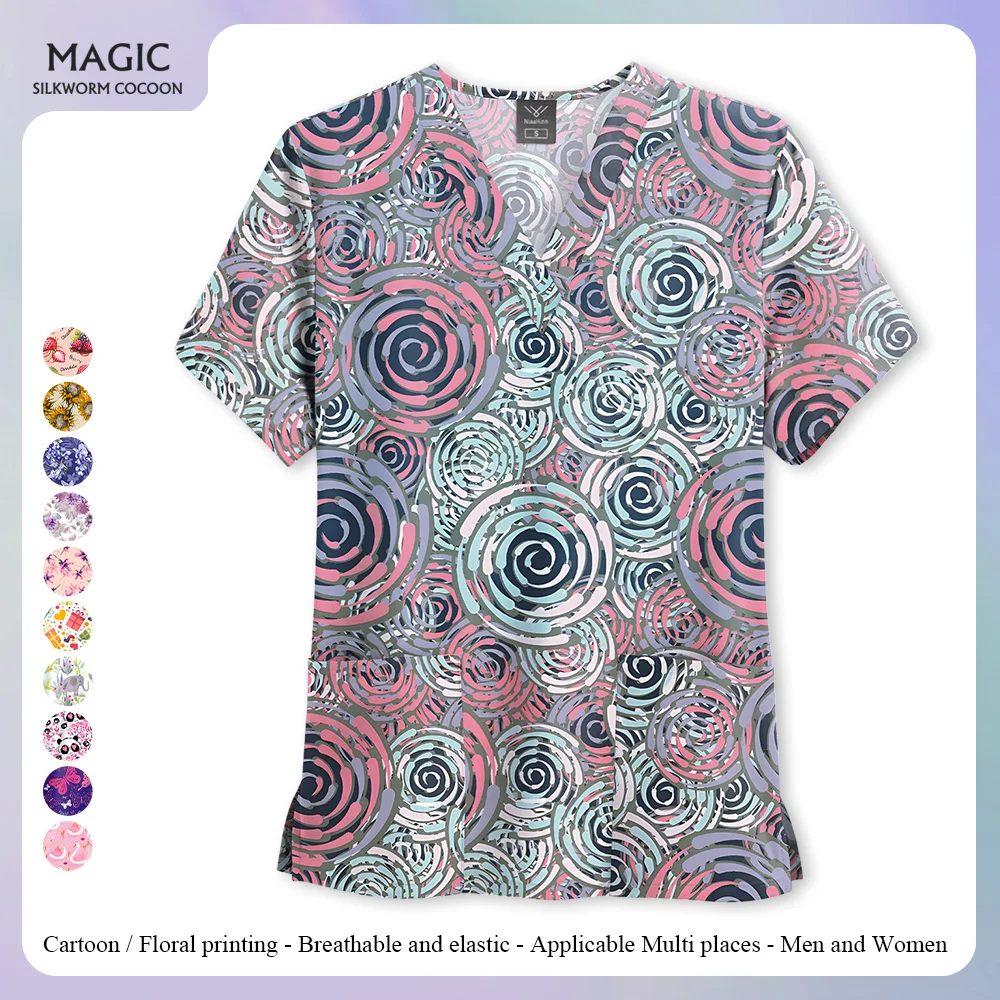 Uniformes quirúrgicos para mujer, ropa de trabajo con estampado de dibujos animados para el cuidado de mascotas, Tops de manga corta con cuello en V y patrón de flores, uniforme de enfermera para mujer