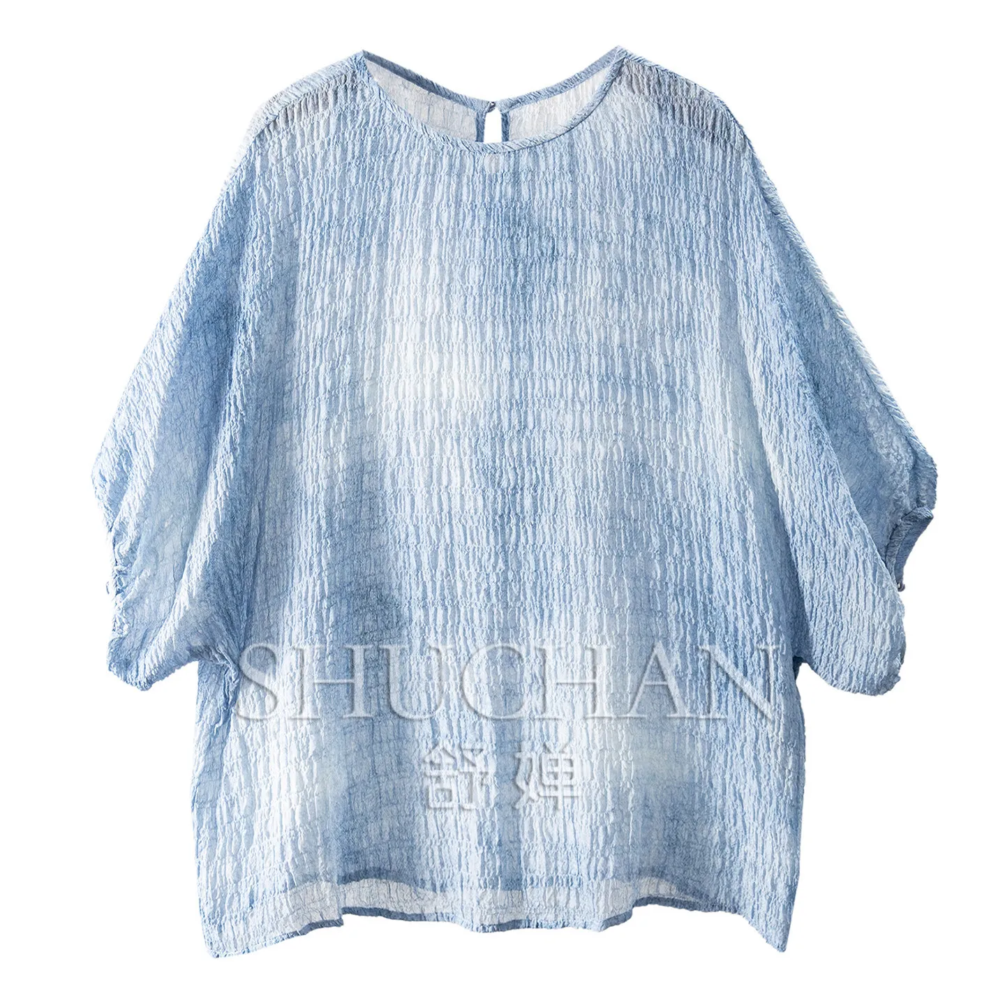 

Loose Blouse Summer Smudge Natural Silk Bubble Crepe Bat Sleeve Shirt Women 53M5 Blusas Femininas