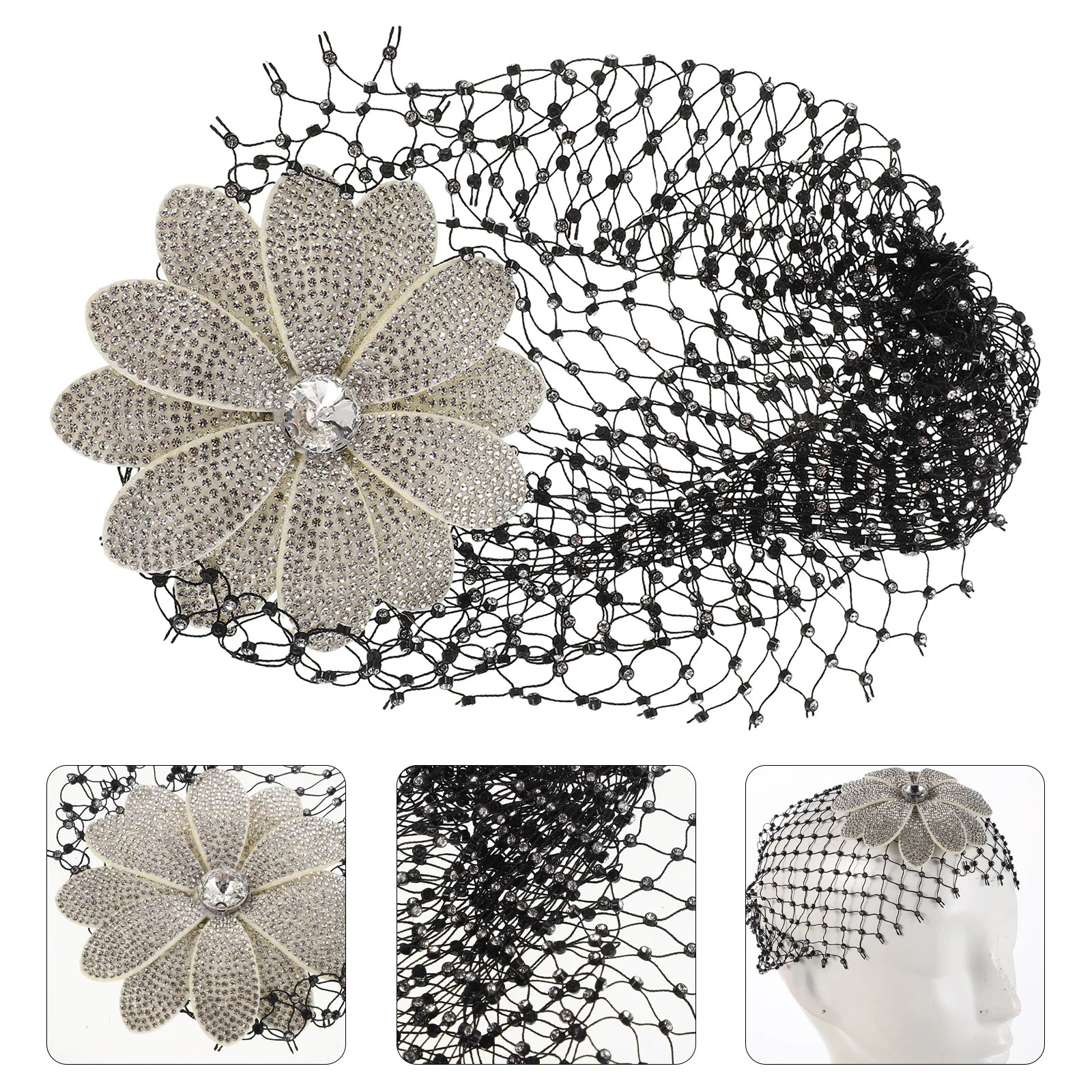 

Vintage Rhinestone Hair Accessory Floral Mesh Hat Women Bride Net Cap Elegant Flower Headpiece for Formal Occasions