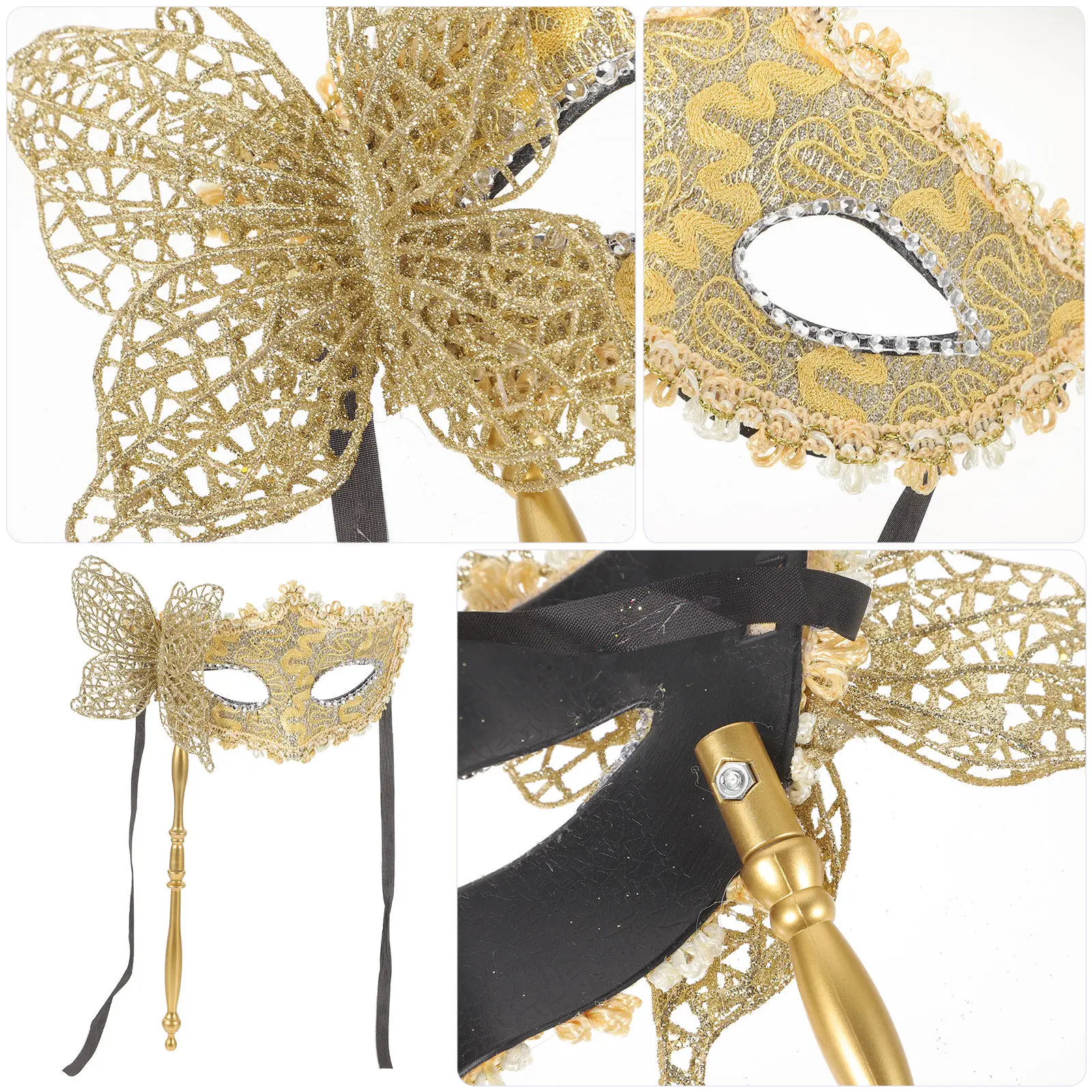 Gold Handheld Masquerade Mask for Women Stylish Dramatic Venetian Design Halloween Carnival Prom Dancing Party Photo Prop