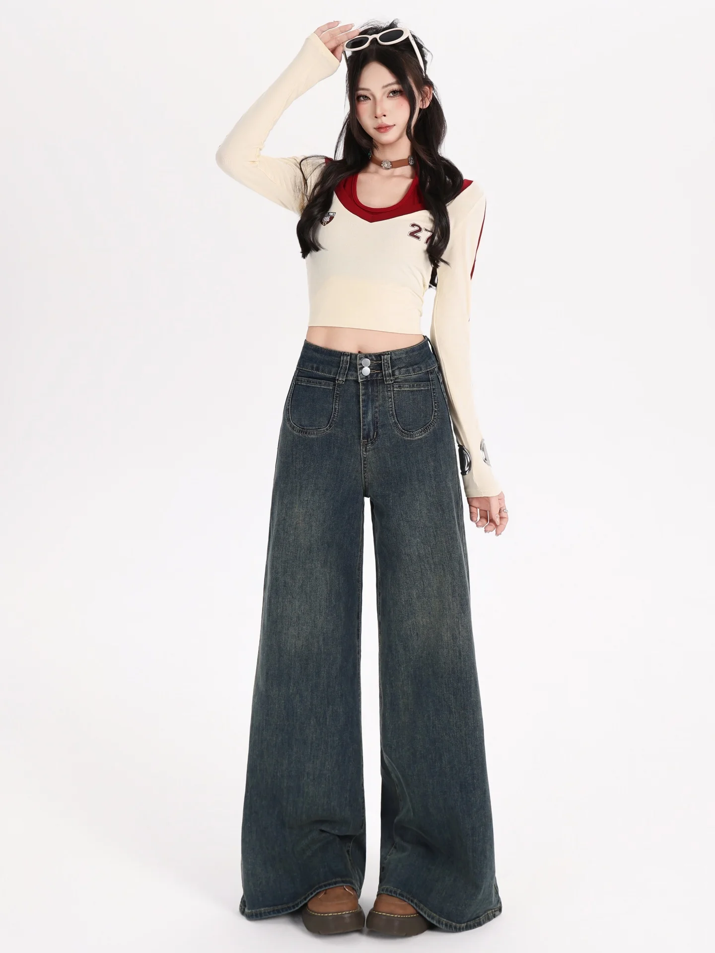 بنطلون جينز نسائي واسع الساق بخصر مرتفع على الطراز الرجعي، موديل جديد للخريف والشتاء، مبطن بالصوف، مقاس كبير، فضفاض ومستقيم و... #2