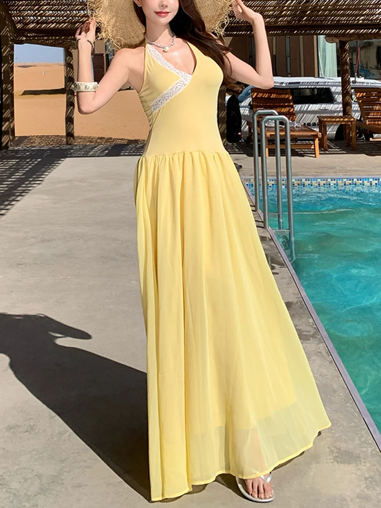New Summer Boho Yellow Chiffon Dress Female V-Neck Backless Sexy Dress Elegant Fashion Slim Holiday Beach Long Dress