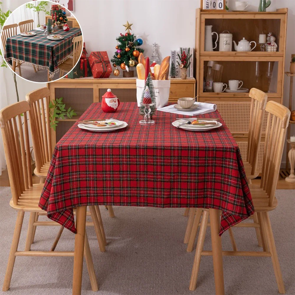 1pc Christmas Decoration Tassel Tablecloth Red and Green Checkered Tea Table Cloth Dining Tablecloth Christmas Day Decoration