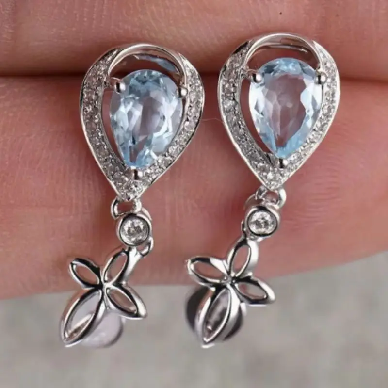 Sea Blue Zircon Horse Eye Shaped Hollow Ear Nail Fashion Jewelry Trendy Stylish Accessory