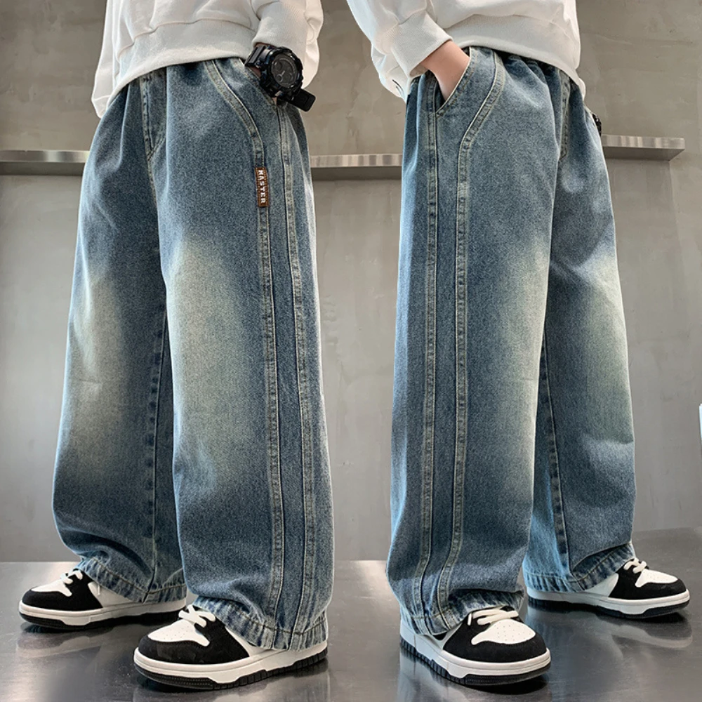 Patchwork Jeans For Big Boys Trousers Spring Autumn Boys Pants Child Baggy Wide-Leg Clothes Teenager For 120-170cm